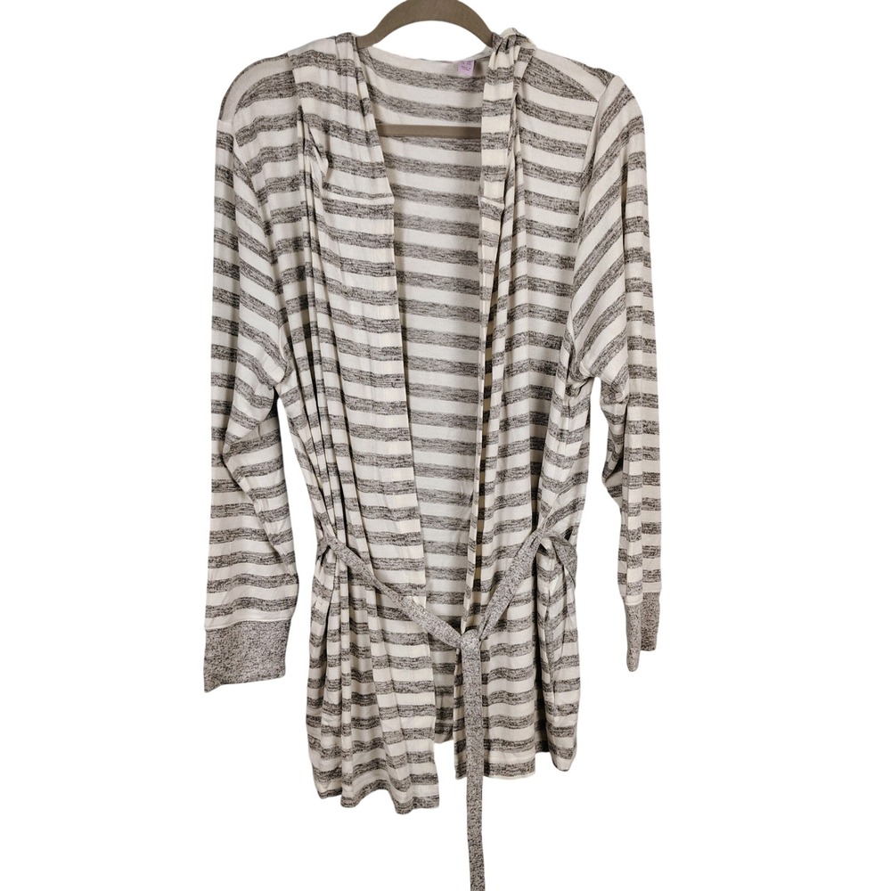 AnyBody Womens 1X Striped Hooded Belted Cardigan Gray White Rayon Loungewear
